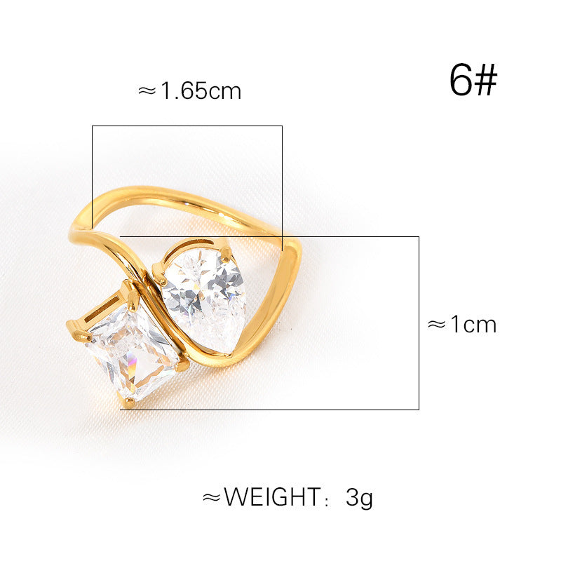 Titanium Steel Diamond Water Drop Square Ring Gold Tone Geometric Korean Style Elegant Modern Shine Daily Wear
