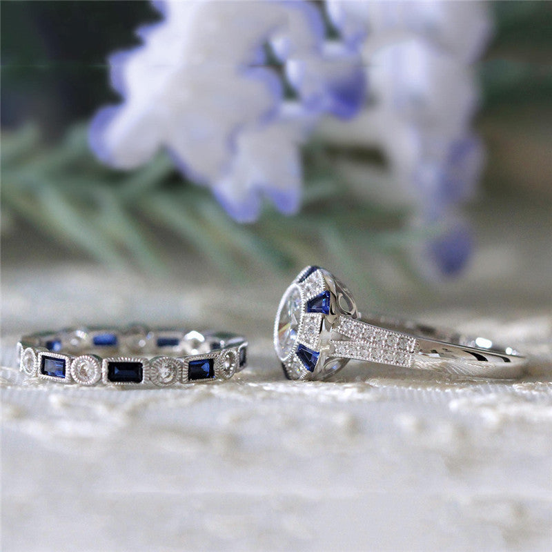 Blue Topaz Diamond Accent Ring Copper Gold Plated Geometric Lovers Promise Gift for Couples Elegant Dainty Keepsake