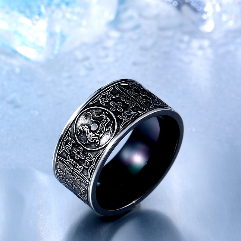 Mens Ring Four Beasts Zodiac Retro Black Plated Titanium Steel 10mm Wide Durable Jewelry Daily Wear Style Vibe