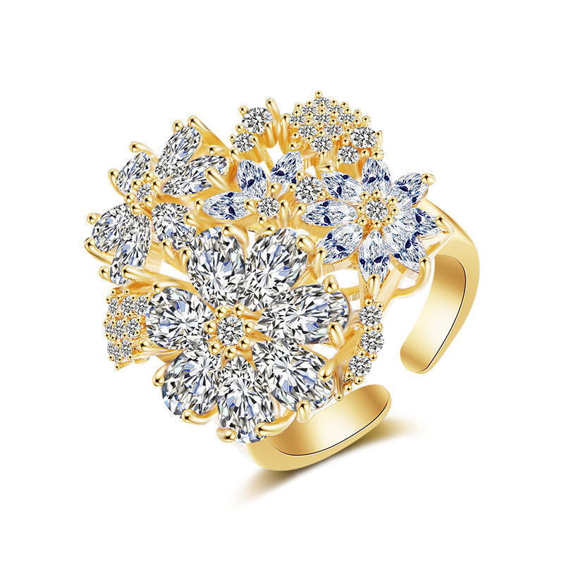 Womens Flower Ring 925 Silver Inlaid AAA Zircon Ladies Fashion Ring Flower Shaped Ring for Women Silver Tone Ring Elegant Women's Jewelry