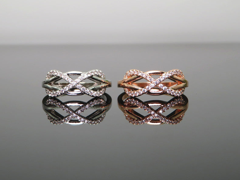 Infinity Figure Eight Copper Zircon Ring Rose Gold Wedding Band Vintage Wave Design Jewelry For Women Elegant Sparkle