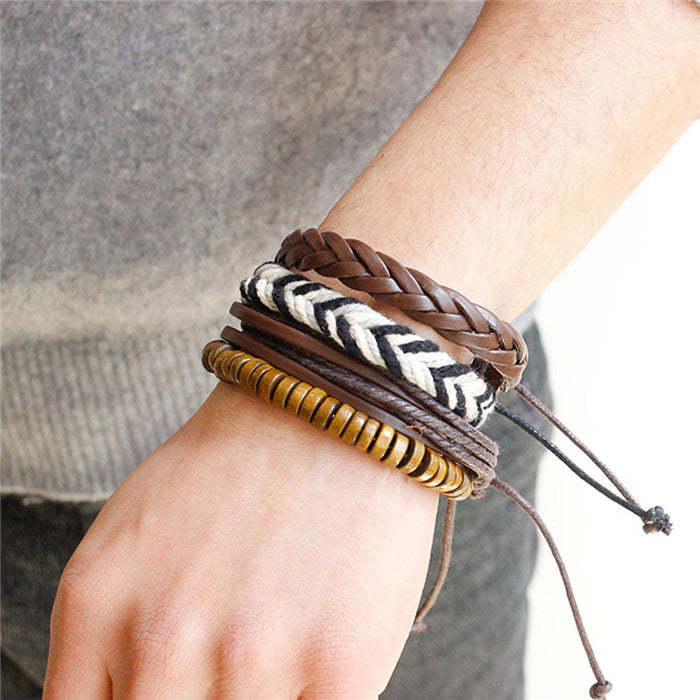 Braided Leather Bracelet With Wooden Beads Adjustable