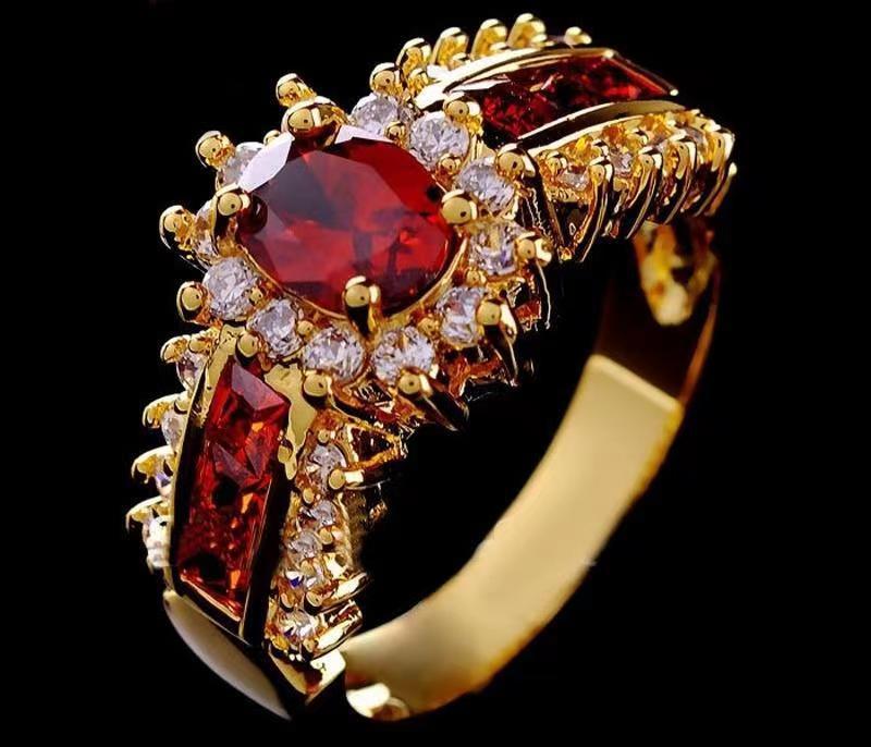 Gold Plated Alloy Ring With Blue Zircon Inlay And Red Zirconia Flower Design Electroplated Finish Metal Accents Details