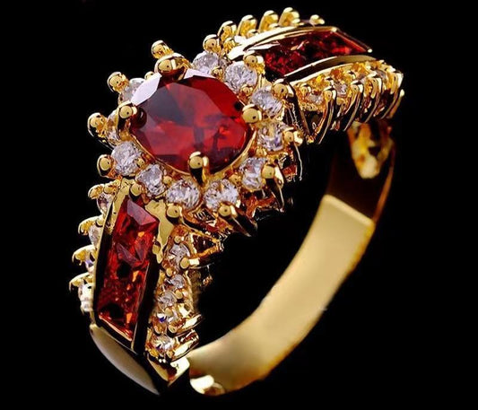 Gold Plated Alloy Ring With Blue Zircon Inlay And Red Zirconia Flower Design Electroplated Finish Metal Accents Details