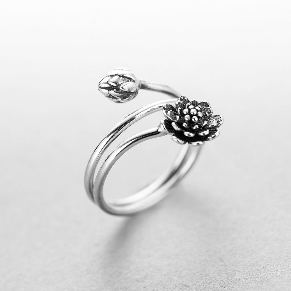 Lotus Flower Vintage Electroplated Unisex Ring Adjustable Opening 925 Silver Purity Birthday Gift Lotus Flower