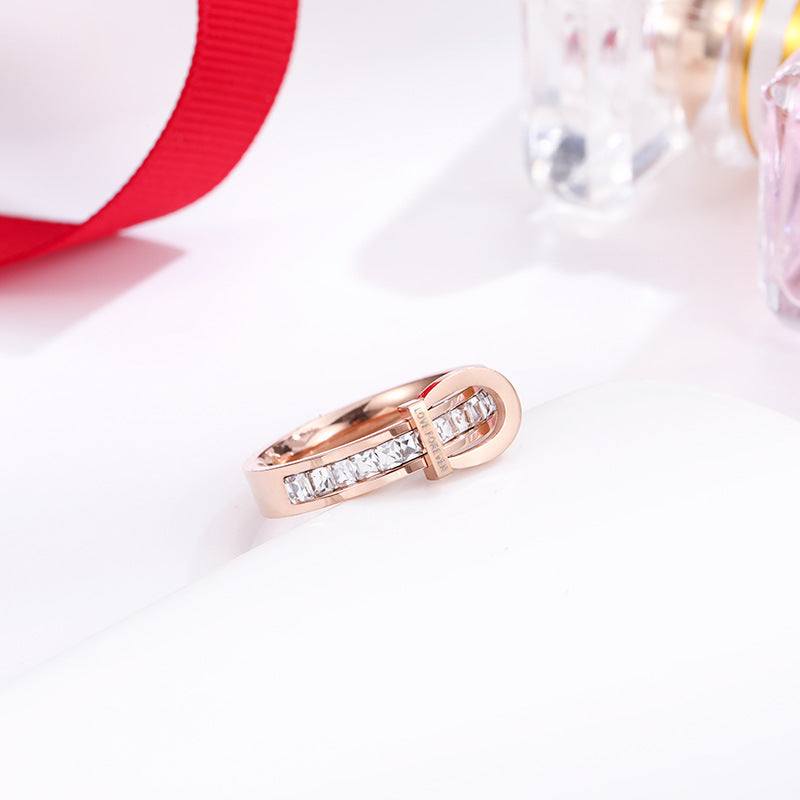 Geometric Rose Gold Titanium Steel Ring With Electroplated Gemstone For Women Durable Elegant Fashion Jewellery