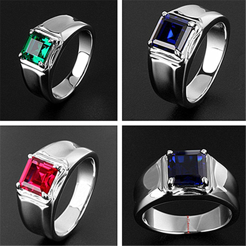 White Gold Plated Blue Green Ruby Men Ring Geometric Korean Style Jewelry Gift Box Ready For Weddings And Everyday Wear