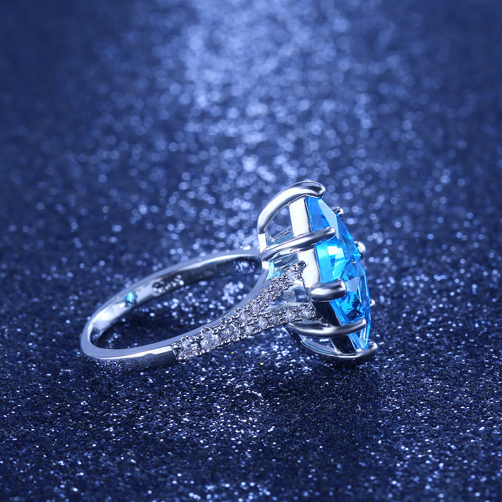 Womens Exaggerated Hollow Blue Triangle Diamond Accent Copper Geometric Ring Party Jewelry Elegant Unique Blue