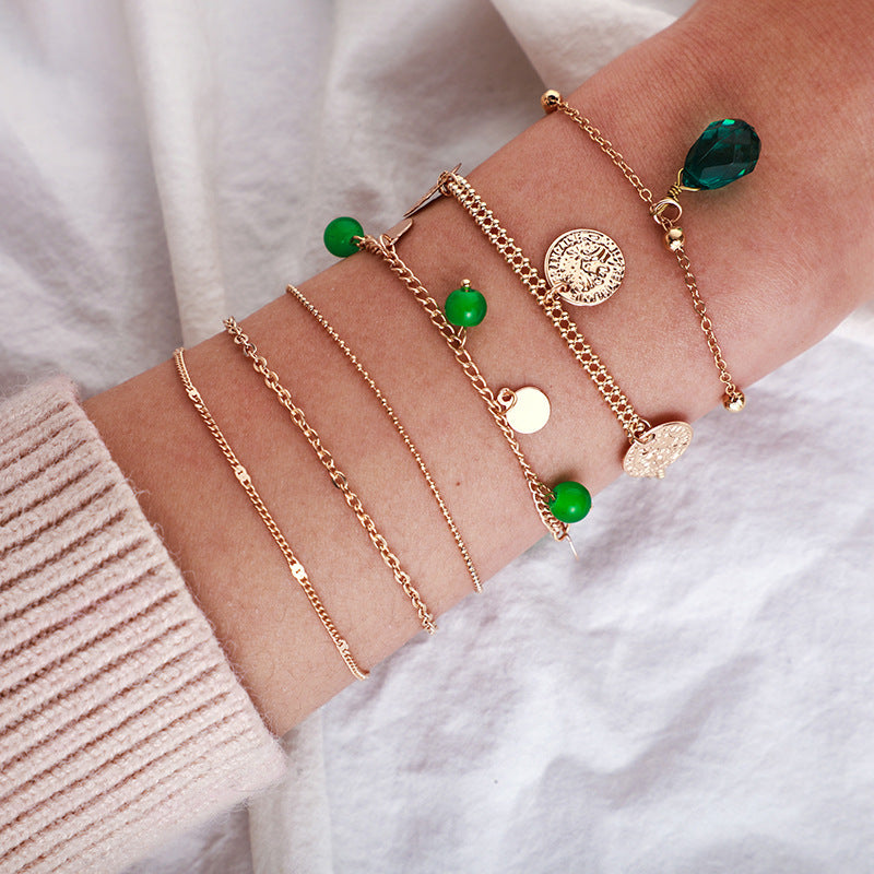 Womens Bohemian Bracelet Green Gemstone Tassel Disc Multilayer Electroplated Alloy Fashion Jewelry Gift For You
