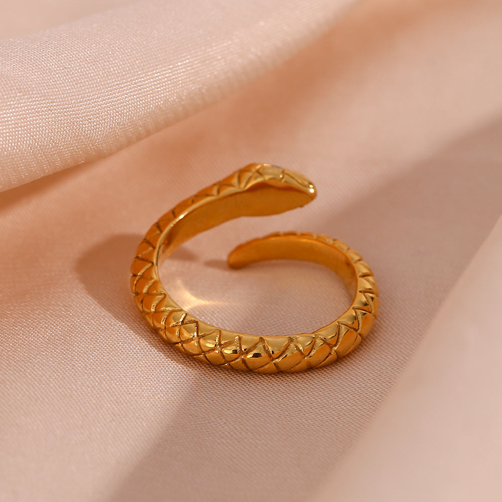Womens Stainless Steel Gold Plated Snake Ring With White Diamond Eye Adjustable Open Design Fashion Jewelry Accessory