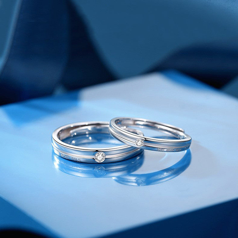 Adjustable Sterling Silver Couple Rings with English Letters Love Rings for Lovers Geometry Open Band Gift Pair