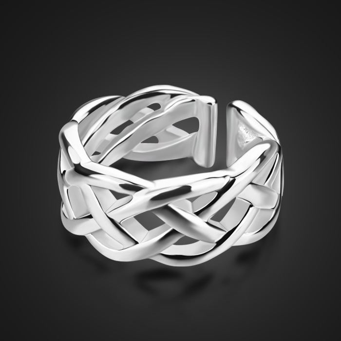Womens Adjustable Braided Interweave Ring Silver Plated U Shaped Design Elegant Fashion Jewelry Gift For Women