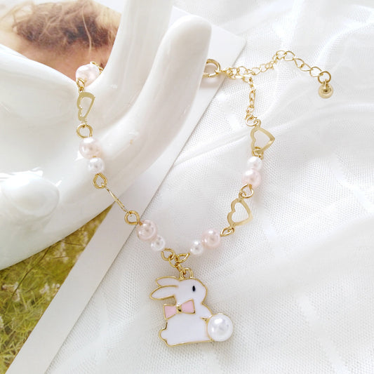 Geometric Pearl Bracelet Alloy Jewelry With Rabbit Design Korean Style Gift For Her Elegant Vintage Style Gift