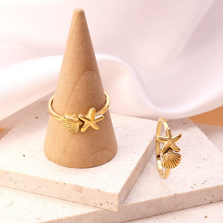 Starfish Ring for Women Gold Stainless Steel Shell Design Fashion Jewelry Gift for Her Sizes 6 7 8 Feminine Style
