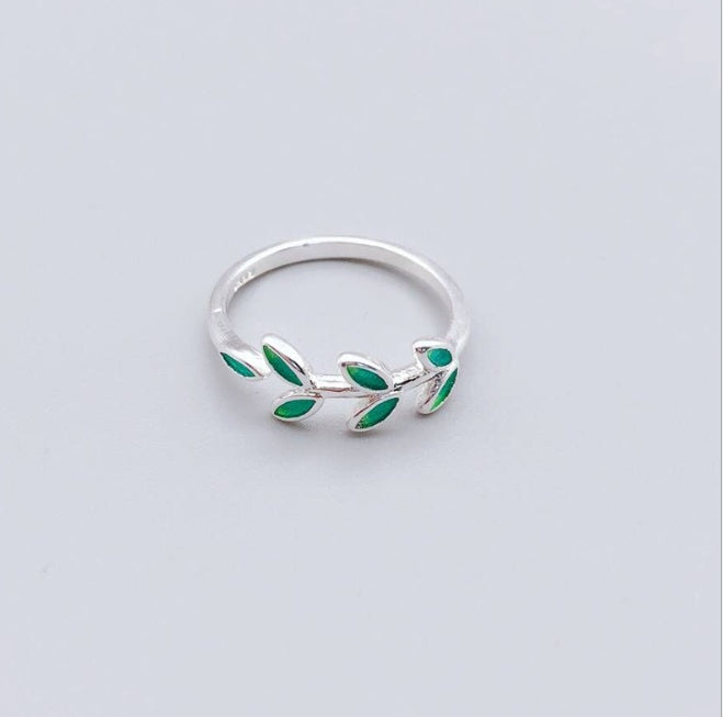 Sterling Silver Green Leaves Open Ring For Women Korean Style Flower Design Gift Jewelry Handcrafted Open Back