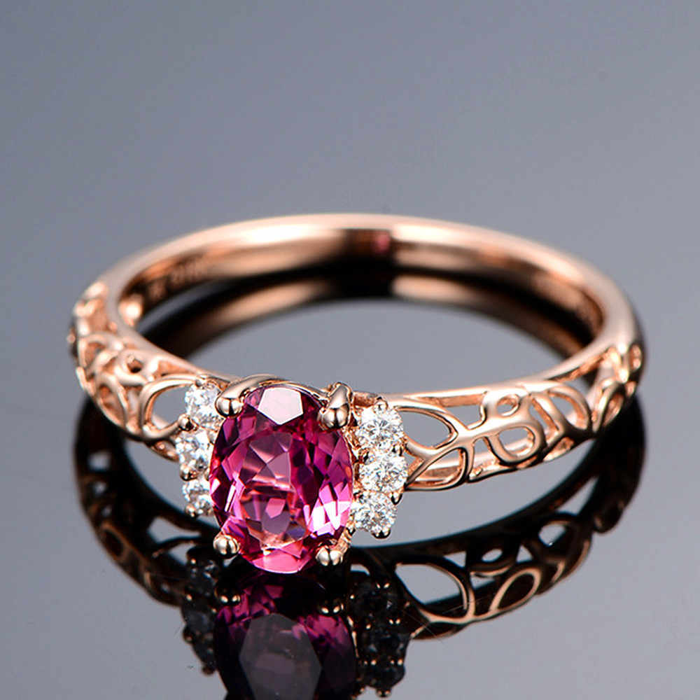 Rose Red Fancy Gems Hollow Ring Gold Plated Coppery Band With Inlaid Semi Precious Stones Geometric Euro Style