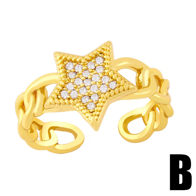 Womens Zircon Butterfly Five Point Star Chainring Gold Plated Copper Adjustable Dainty Elegant Fashion Jewelry