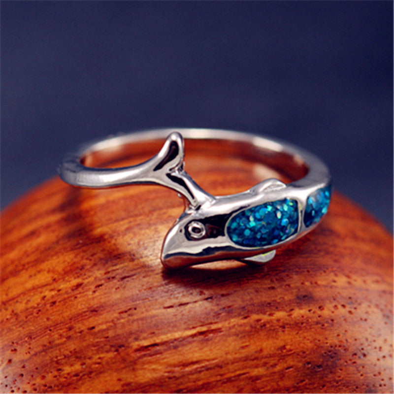 Womens Metal Ring Handmade Cartoon Character Design Gold Plated Inlay Blue Opal Dolphin Decoration Artificial Jewelry