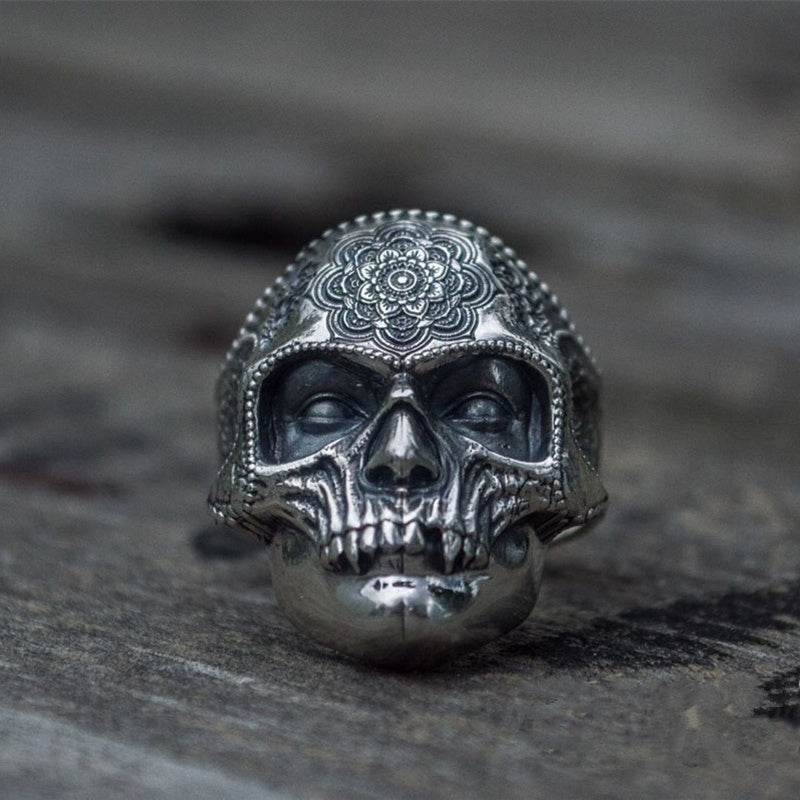 Silver Tone 316L Stainless Steel Skull Ring For Men Mandala Flower Santa Muerte Biker Jewelry For Street Style