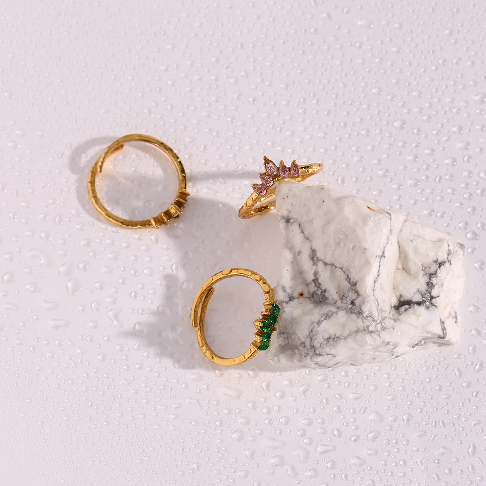 Womens Adjustable Stainless Steel Ring Leaves Diamond