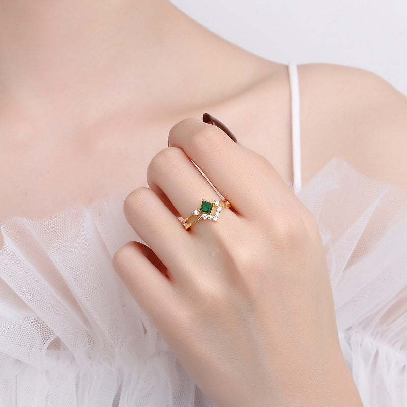 Sterling Silver Ring With Emerald Diamonds Korean Style Geometry Diamond Festive Packaging Individually Packed