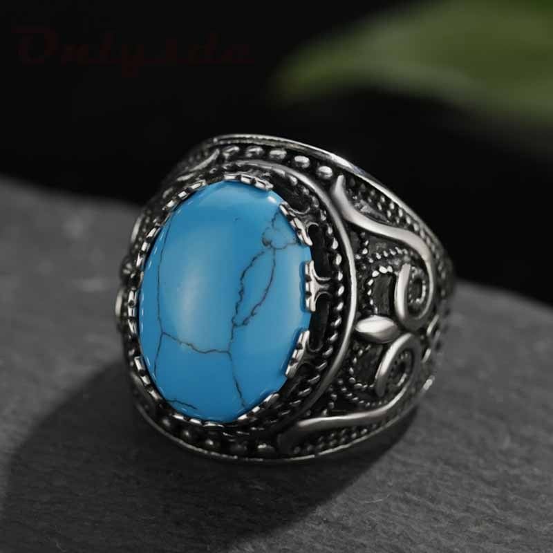 Mens Stainless Steel Personalized Retro Punk Ring Turquoise Tiger Eye Gem Unisex Gift Geometric Inlay Gemstone