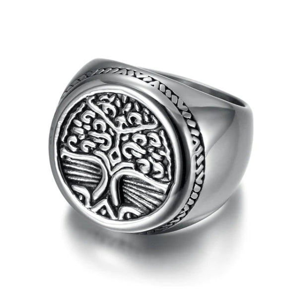 Handcrafted Stainless Steel Celtic Tree Of Life Ring Circular Viking Rune Totem Ring Fashion Jewelry Gift for Women and Men Steel Color Ring Face 1.8cm