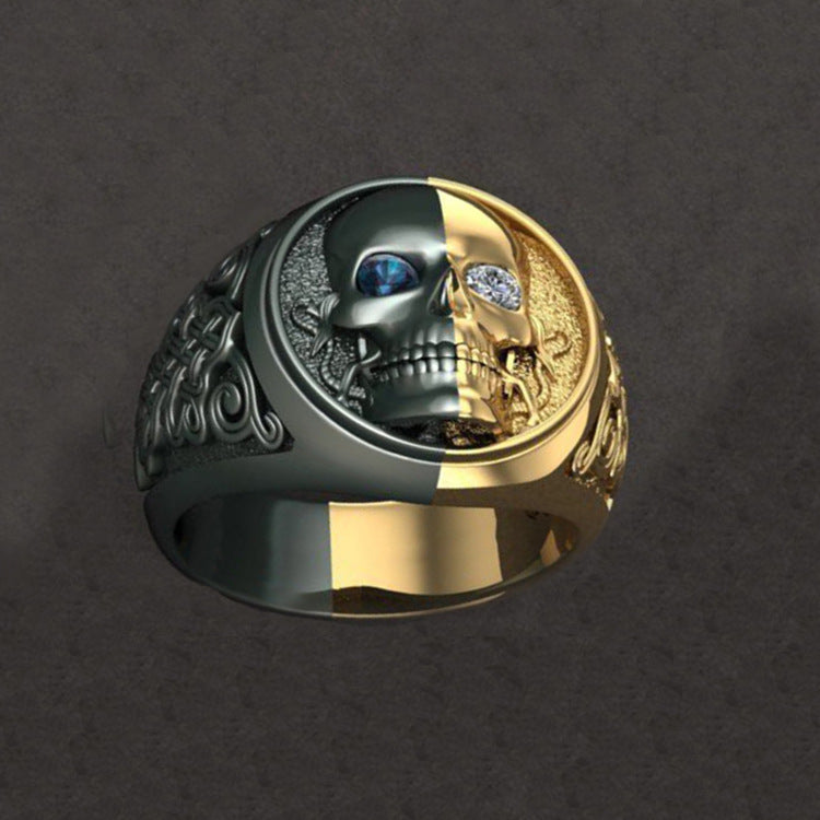 Mens Skull Ring Blue White Diamond Two Tone Alloy Electroplated Fashion Jewelry Statement Piece Durable Design
