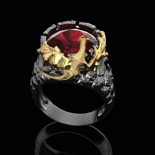 Personalized Gold Two Tone Ruby Dragon Ring For Men Elegant Jewelry Gift Custom Engraving Bold Statement Accessory