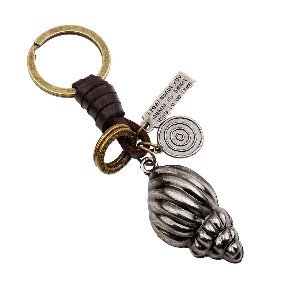 Genuine Leather Keychain Conch Charm Durable Metal Chain Artistic Design Car Keychain Pendant Keyring Keepsake