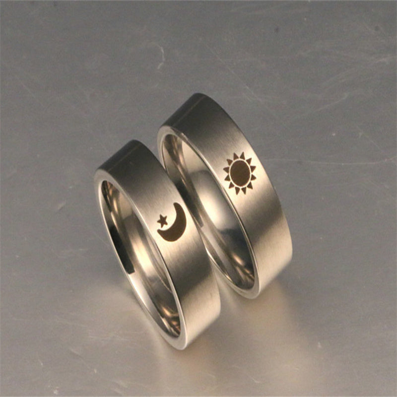 Couple Rings Handmade Titanium Steel Sun Moon Pattern Promise Bands for Men and Women Affordable Luxury Unisex
