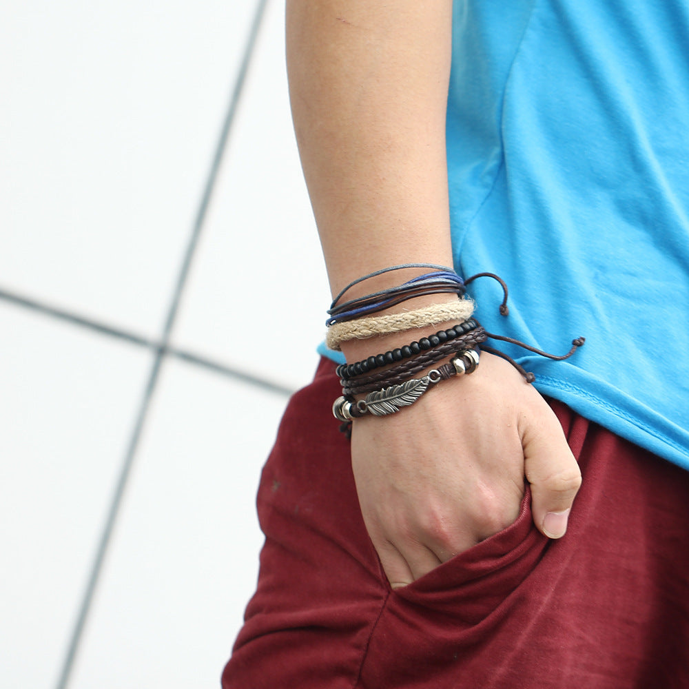 Hand Woven Leather Bracelet Angel Wing Feather Alloy Wood Beads Star Charm Unisex Geometric Style Golden Shine
