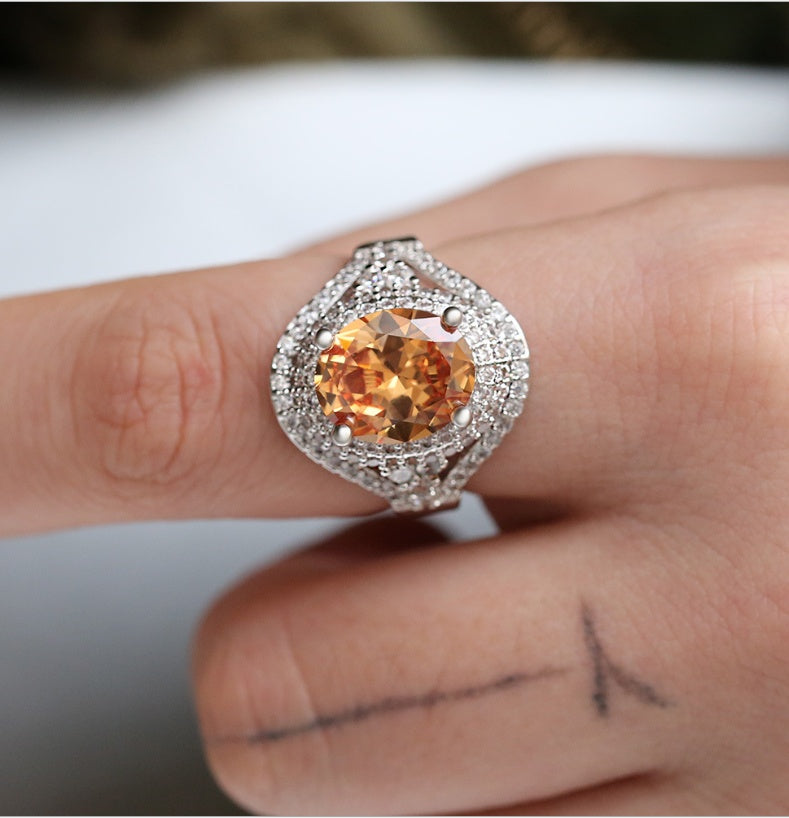 Cross-border wish Amazon new European and American new hot fashion champagne yellow zircon ring female wedding jewelry