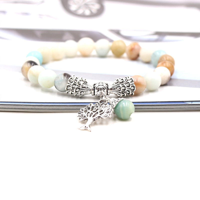 Handmade Tree of Life Bracelet with Green Aventurine Agate Stone and 8mm Beads European Fruit Shape Jewelry