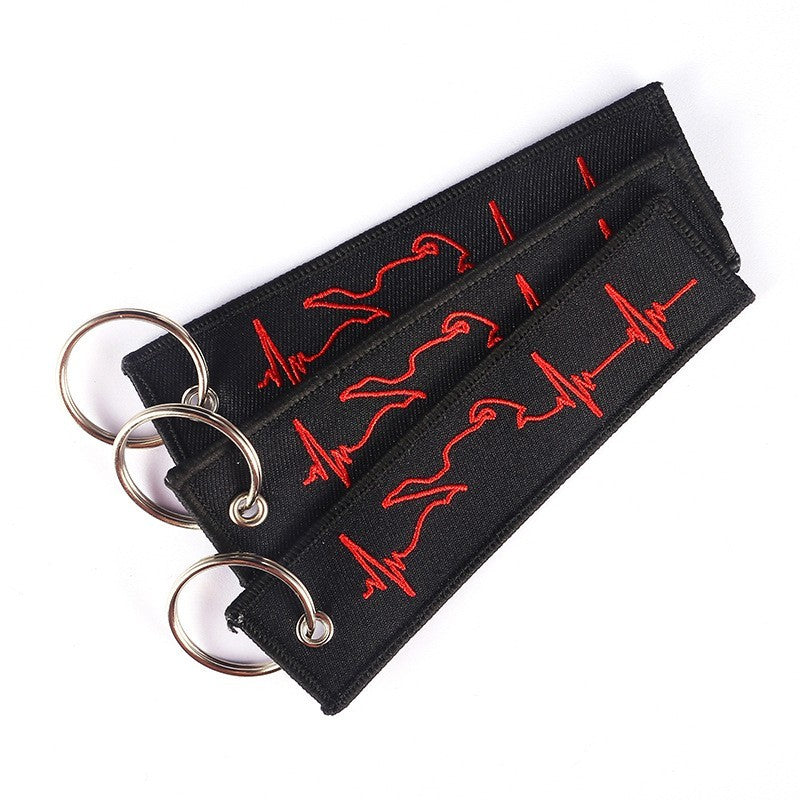 Embroidered Racing Design Keychain Polyester Key Ring American Theme Black Background Red Case For Car Display