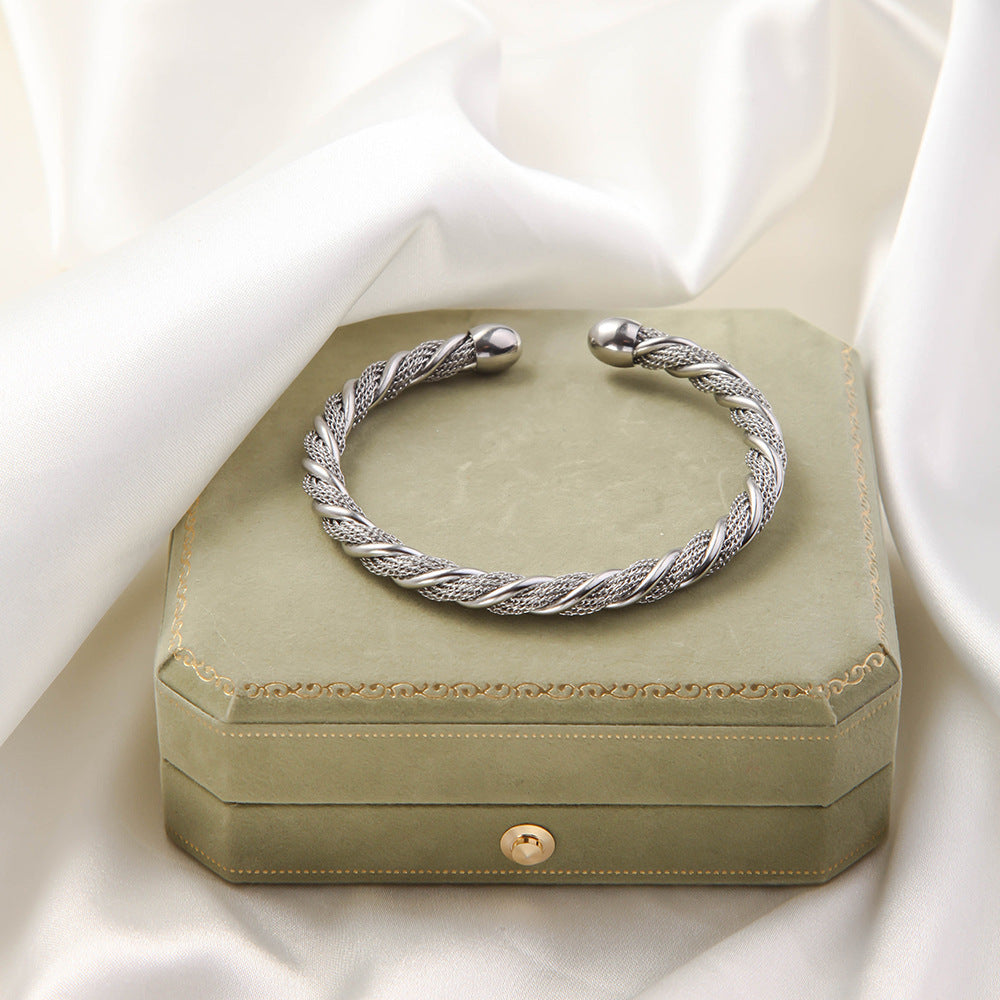Stainless Steel Woven Bracelet Open Ended Fashion Bangle Electroplated Durable Round Design Accessory Steel And Gold