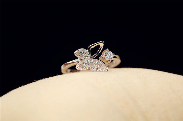 Sterling Silver Butterfly Ring With Diamond Accents Adjustable 925 Silver Women Jewelry Gift For Her Everyday Accessory