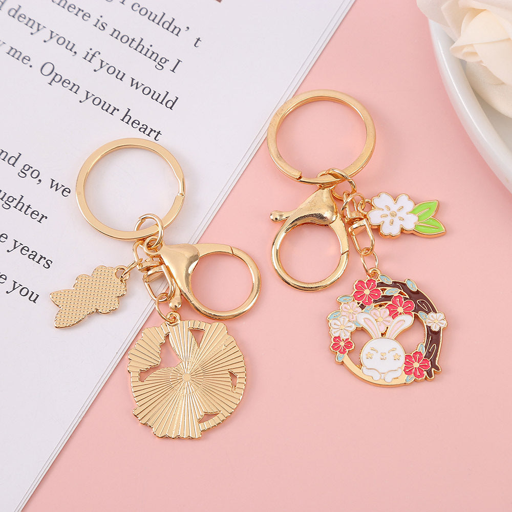 Rabbit Keychain Cartoon Keyring With Cherry Blossom Decoration Flower And Leaf Design Alloy Key Trendy Keyring
