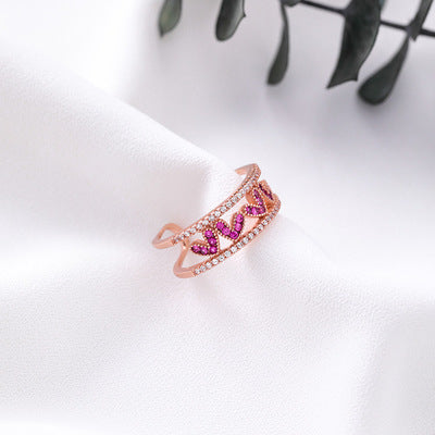Openwork Heart Ring Alloy With Adjustable Band Inlay Gemstones Rose Gold Or Silver Korean Style Jewelry Design