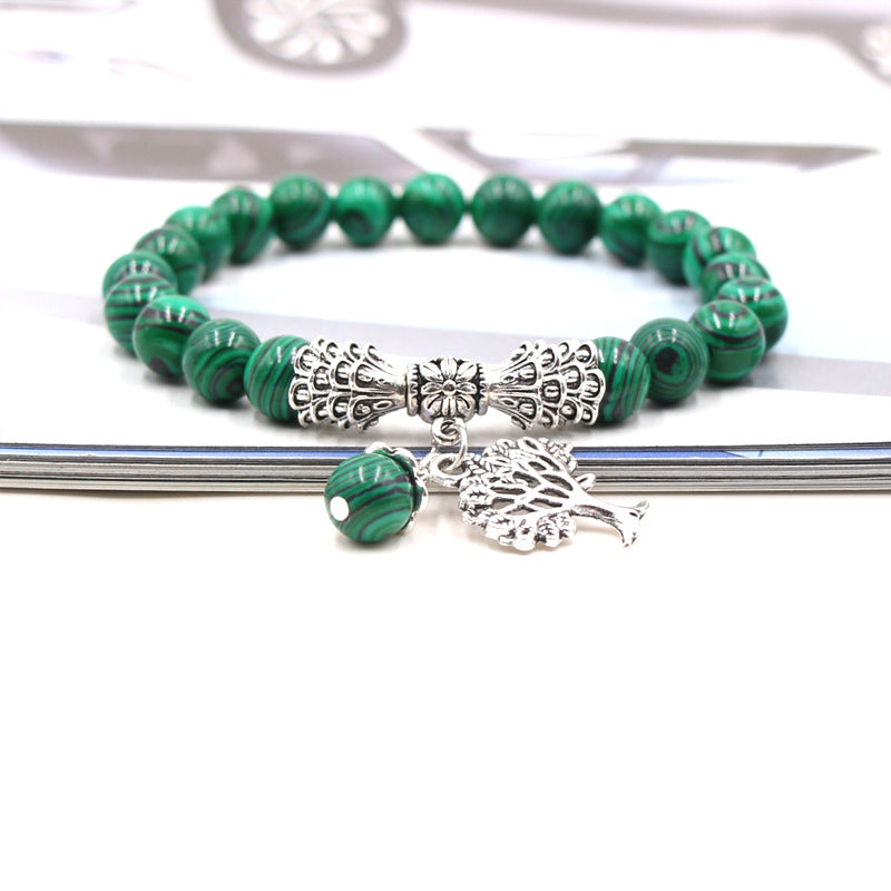 Handmade Tree of Life Bracelet with Green Aventurine Agate Stone and 8mm Beads European Fruit Shape Jewelry