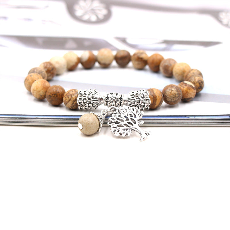 Handmade Tree of Life Bracelet with Green Aventurine Agate Stone and 8mm Beads European Fruit Shape Jewelry