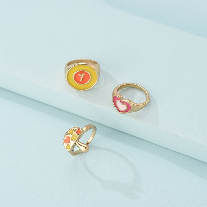 Womens Ring Set 3 Alloy Rings With Love Heart And Flower Design Mushroom And Butterfly Accents Fashion Jewelry