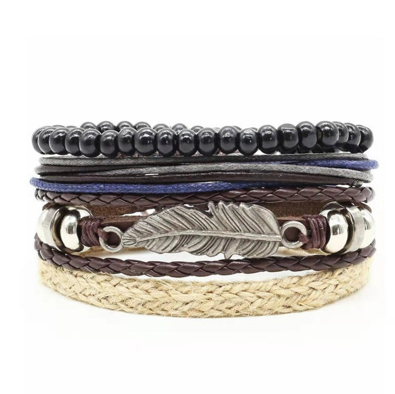 Mens Leather Braided Bracelet European Design Alloy Inlaid Gemstones Retro Geometric Accessory Woven Wristband
