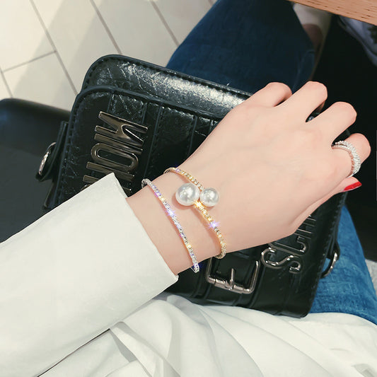 Womens Titanium Steel Bracelet Fashion Geometric Pearl Diamond Inlay Anniversary Gift For Birthday Wedding Gift