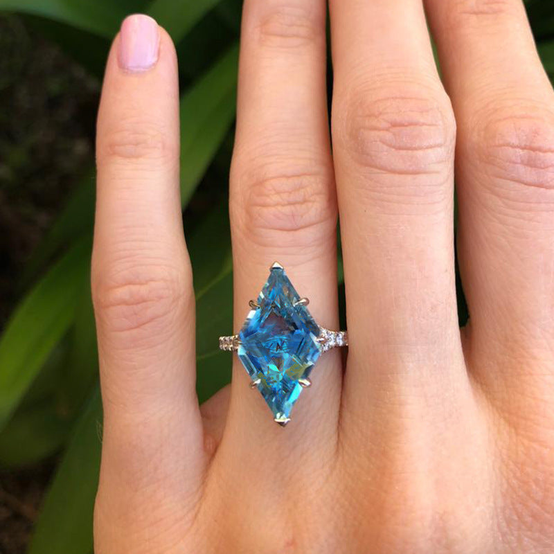 Womens Exaggerated Hollow Blue Triangle Diamond Accent Copper Geometric Ring Party Jewelry Elegant Unique Blue