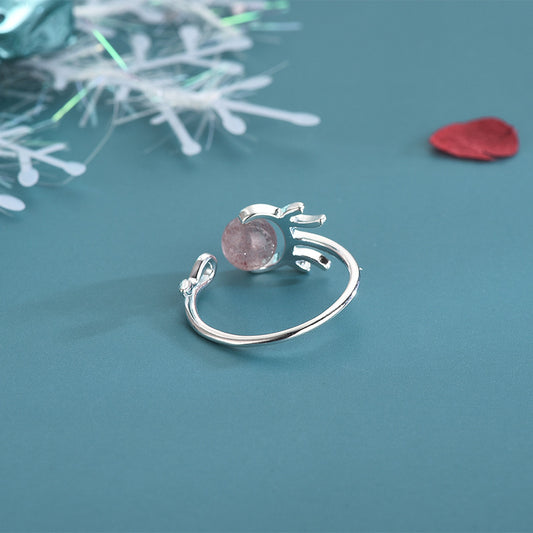 Sterling Silver Ring Korean Strawberry Crystal Antler Design Adjustable Open Ring For Women And Girls Gift Set