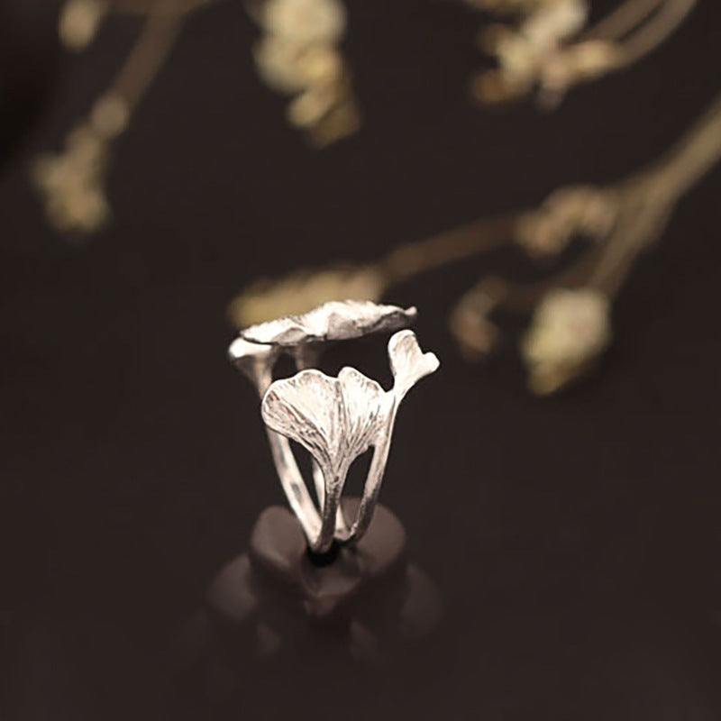 Vintage Silver Ring Apricot Flower Design With Electroplated Leaf Detail Wide Band Jewelry Gift For Her Deluxe