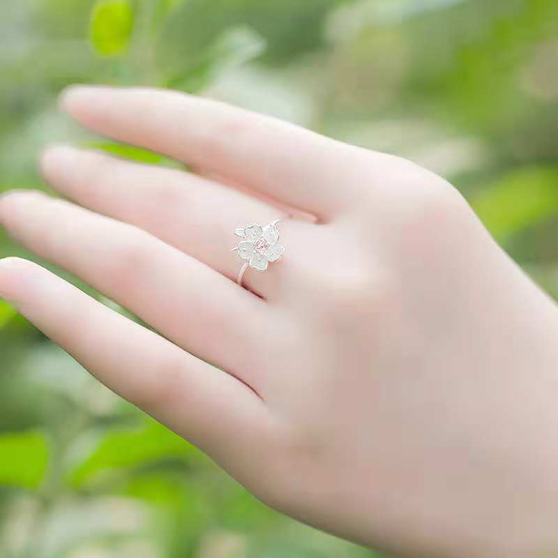 Sterling Silver Tree Branch Flower Ring Open Adjustable Fit For Women Cute Temperament Jewelry Elegant Minimalist Style