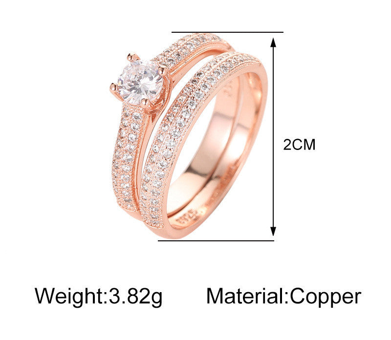 Two Piece Copper Rings Set With Zircon Geometric Design Electroplated Finish For Women And Girls Classic Style