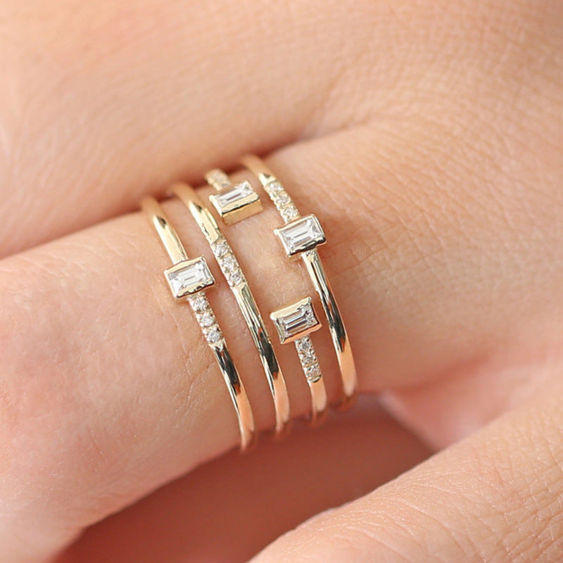Four Line Ladies Ring Copper Plated Silver Zircon Party Jewelry Fashion Geometric Inlay Elegant Gift For Women